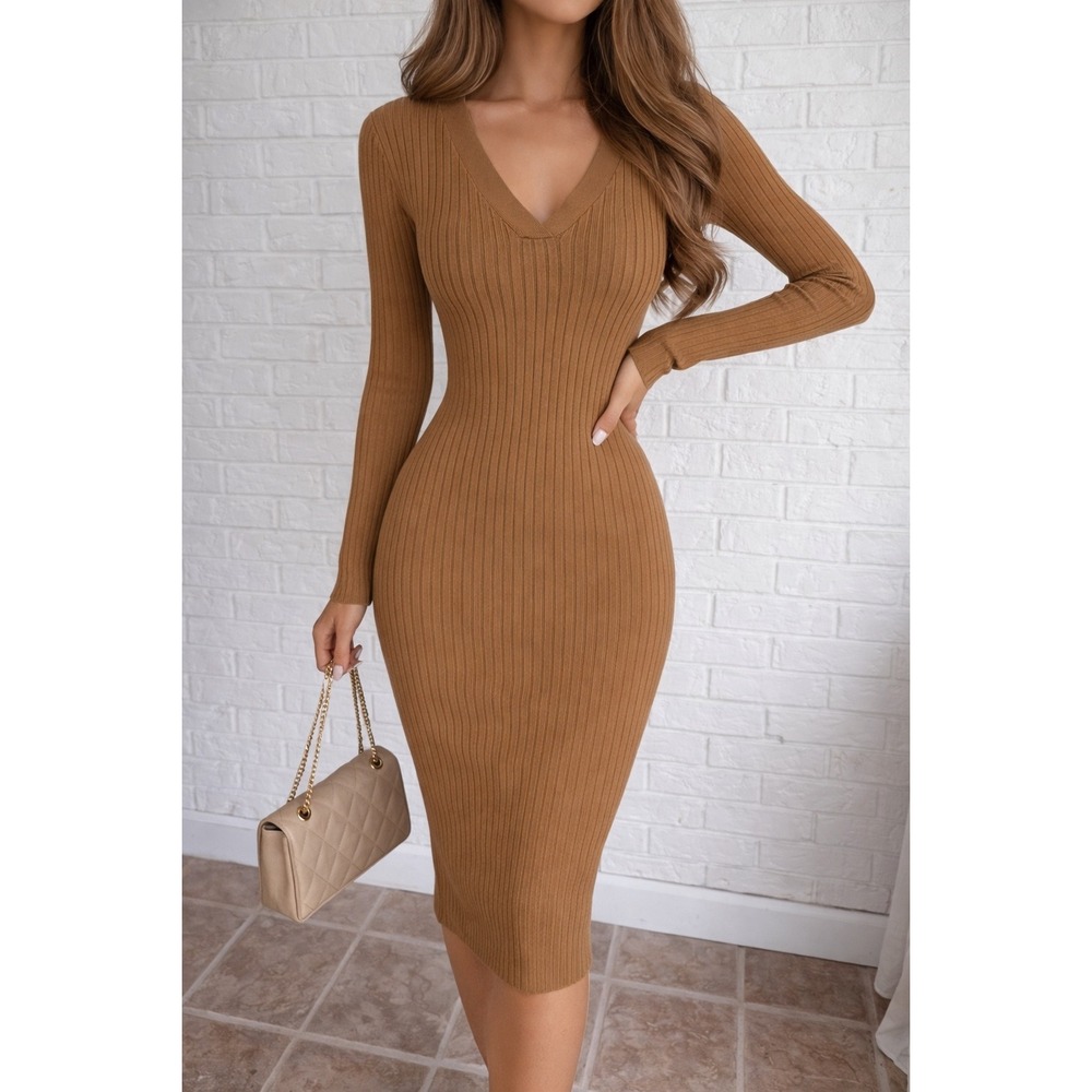 Nicole Miller Midi Dress Women's Small Tan Ribbed Knit V-Neck minimalist